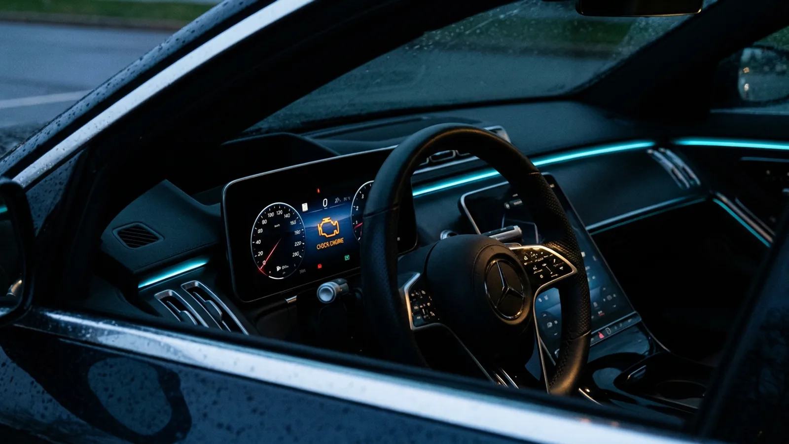 Car instrument cluster with the check engine light illuminated