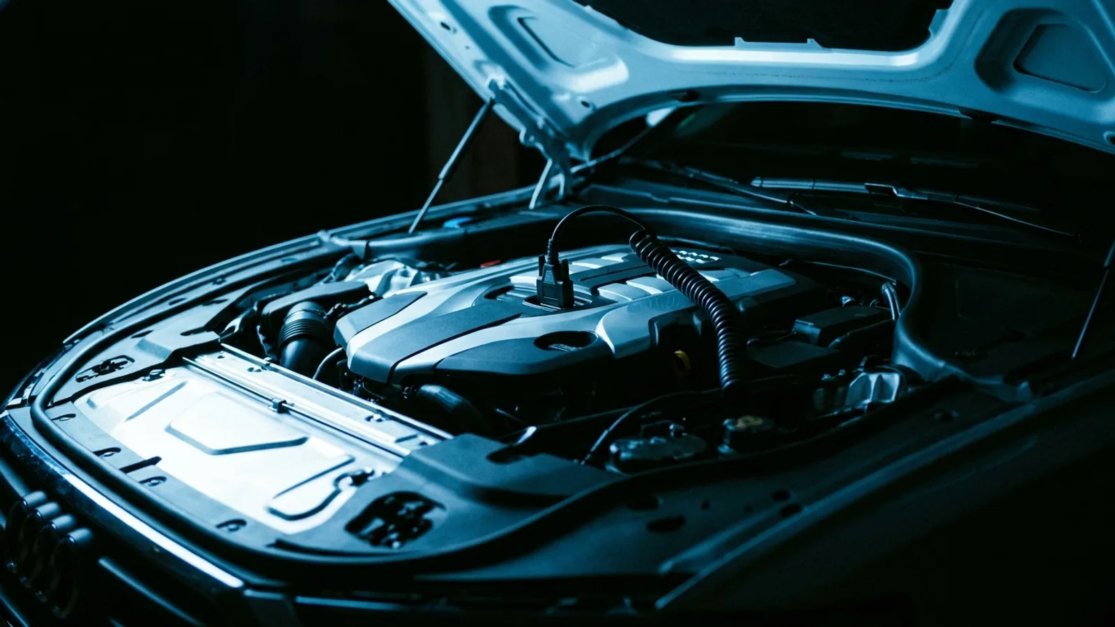 Modern car engine bay with the hood open