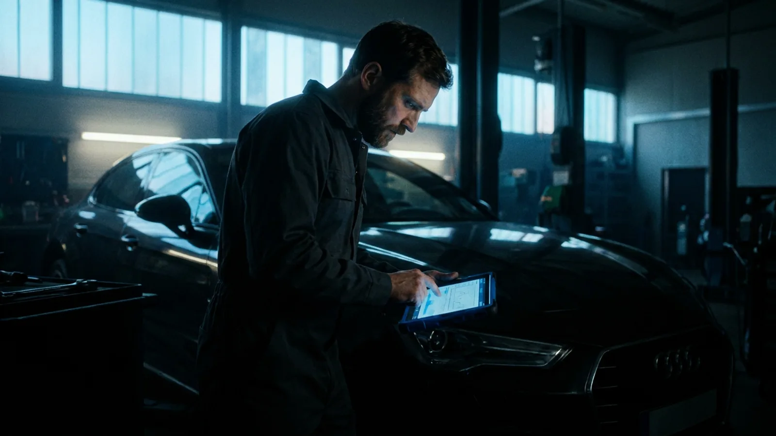 Technician running a diagnostic on a car with a tablet