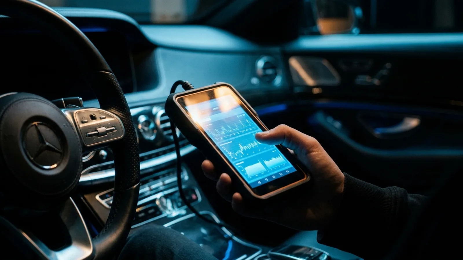 Driver using an OBD-II scanner inside a car