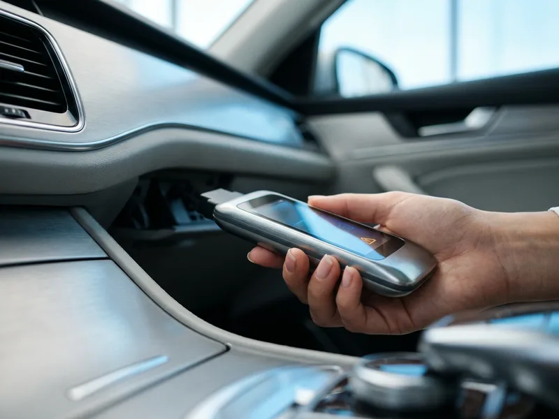 A driver using an OBD-II scanner inside a car